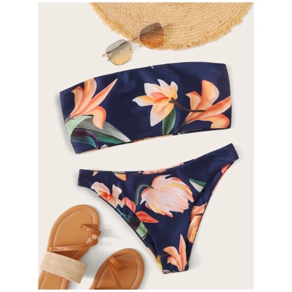 SOLD OUT CLEARANCE Navy Floral 2Pc Bandeau Strapless Bikini Swimsuit - Picture 1 of 5